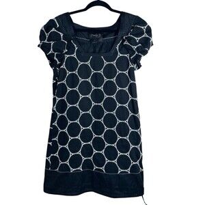 Hanii‎ Y. 44 (US 8/10) Cotton Silk Shift Dress Black Square Neck Embroidered